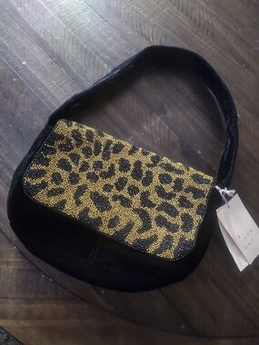 a new day Black Velvet Shoulder Bag with Gold Leopard Beaded Flap